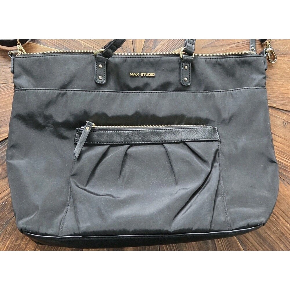 MAX STUDIO Black Satchel Top Handle Bag, Zip, Detachable Adjustable Strap, Gold